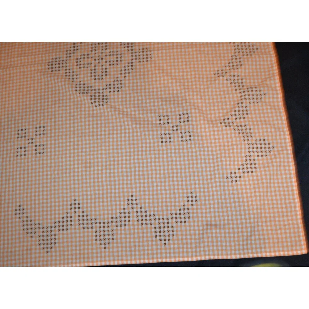 Vintage Tablecloth Orange Gingham Black Cross Stitch